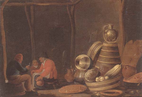 A barn interor with peasants drinking and smoking beside a collection of kitchen utensils